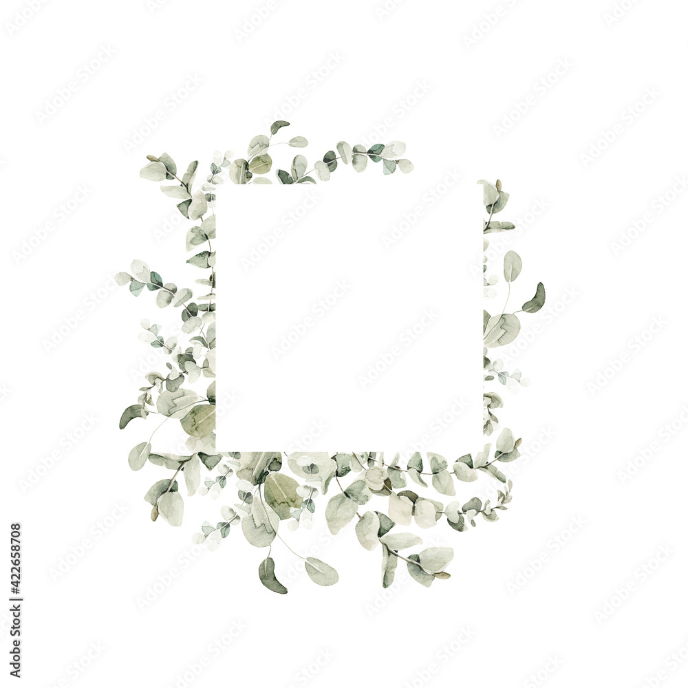 Watercolor floral wreath of greenery. Hand painted frame of green ...