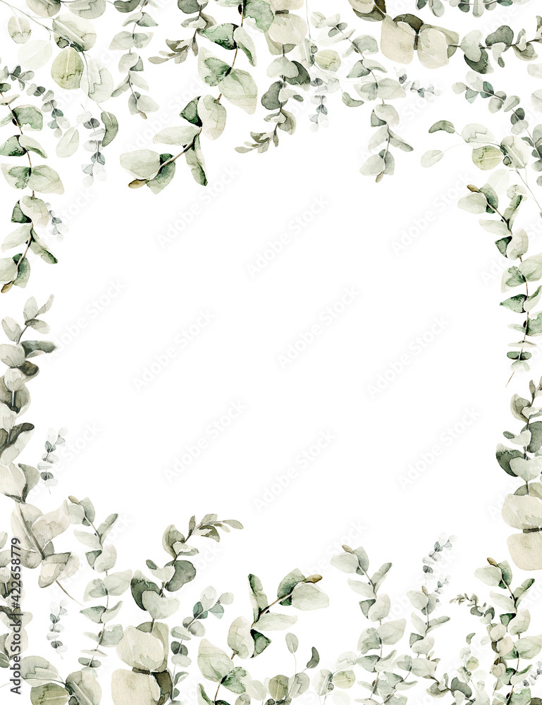 Watercolor floral wreath of greenery. Hand painted frame of green eucalyptus leaves, forest leaf isolated on white background. Botanical illustration for design, print, wedding card