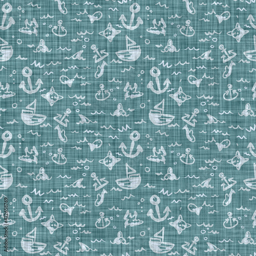 Aegean teal sail boat patterned linen texture background. Summer coastal living style home decor fabric effect. Sea green wash grunge sailing fashion. Decorative maritime textile seamless pattern 
