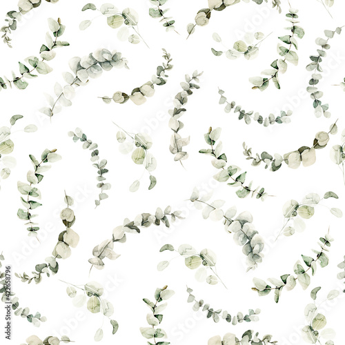 Watercolor floral seamless pattern of greenery. Hand painted green leaves of eucalyptus isolated on white background. Botanical illustration for design  print  background