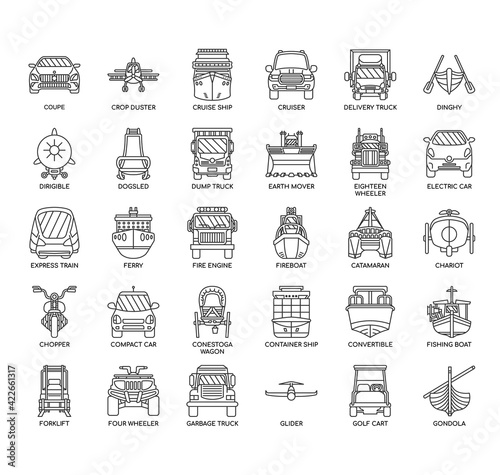 Set of vehicle thin line and pixel perfect icons for any web and app project.