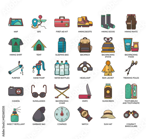 Set of backpacker thin line and pixel perfect icons for any web and app project.