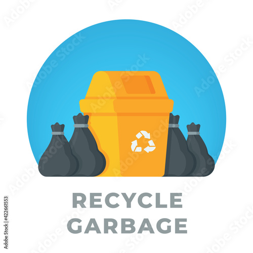 Garbage can on a blue background. Vector illustration of trash bags near a yellow trash can. Cleaning the house collecting old stuff for the landfill. Ordering trash removal services.