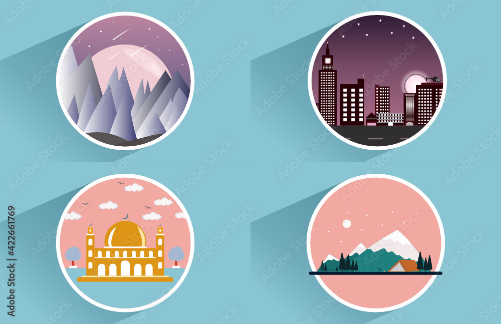 Icon mountain and skyscrapers decoration of rounded frame Icon mountain and skyscrapers decoration of rounded frame