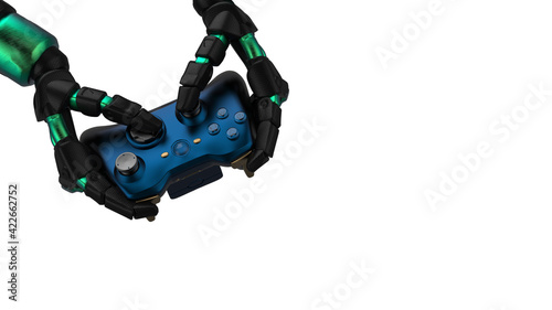 video game controller, 3d rendering, gray background, Xbox controller, white background, isolated game controller mechanical hand using controller, robot playing games using controller