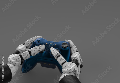 video game controller, 3d rendering, gray background, Xbox controller, white background, isolated game controller	
mechanical hand using controller, robot playing games using controller