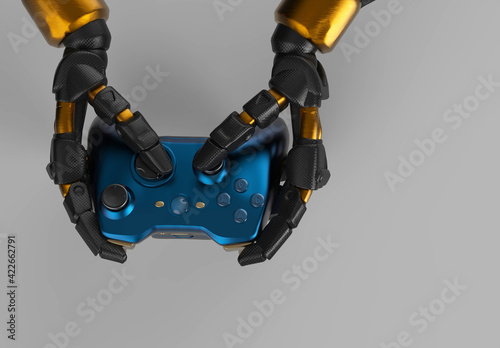video game controller, 3d rendering, gray background, Xbox controller, white background, isolated game controller mechanical hand using controller, robot playing games using controller