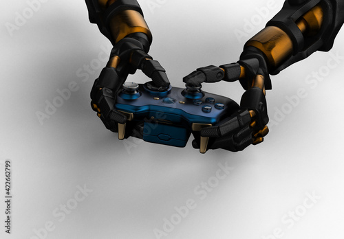 video game controller, 3d rendering, gray background, Xbox controller, white background, isolated game controller	
mechanical hand using controller, robot playing games using controller