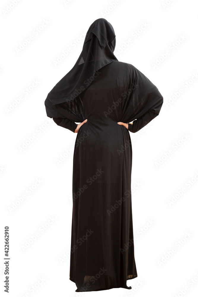 Back of woman wearing arabian dress isolated on white