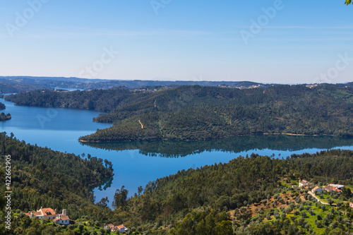 Landscape view from the lake of the vacation spot of Castelo de Bode, Portugal. Viewpoint of Fontes with scenic view from the lake