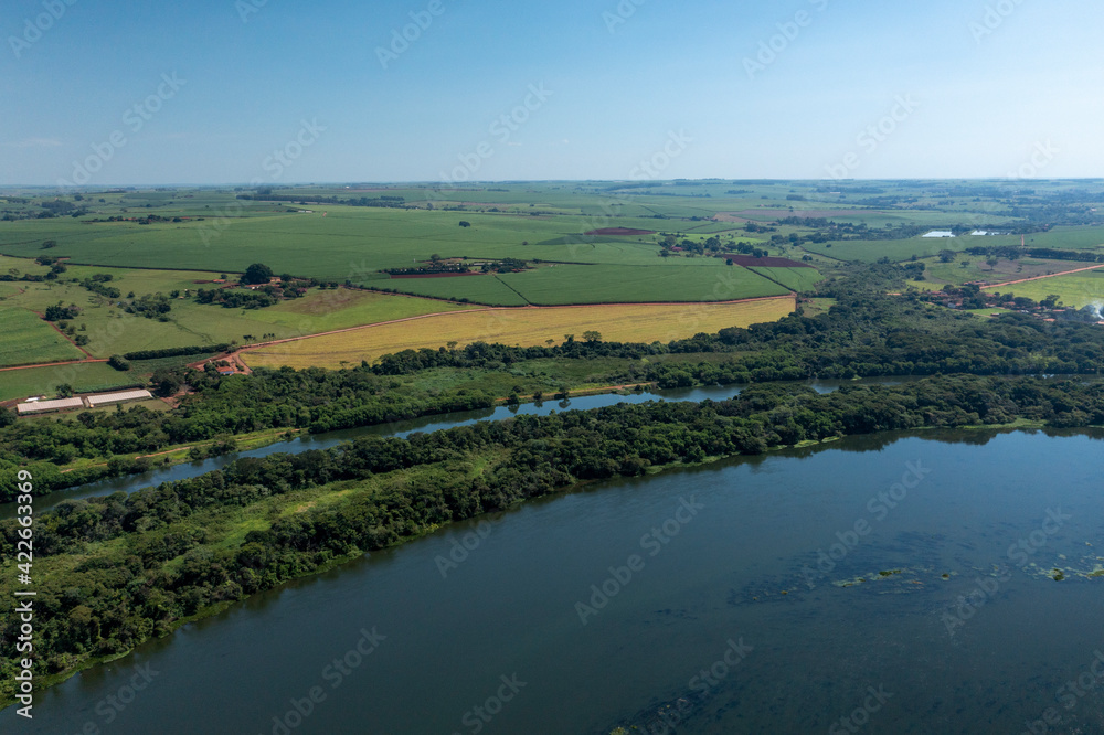 aerial view of plantations near the Tietê River waterway, in Bariri, interior of São Paulo