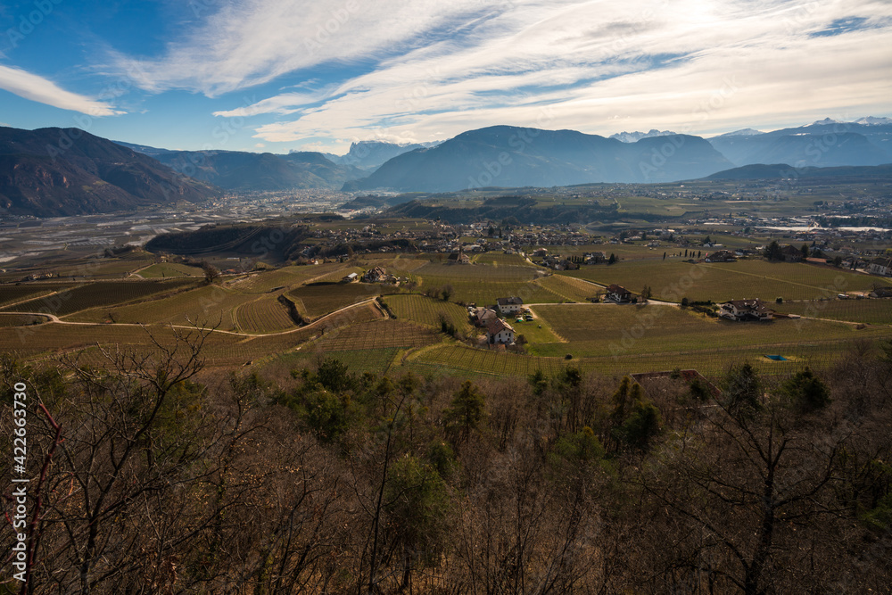 View of Eppan on the wine road on a sunny morning.