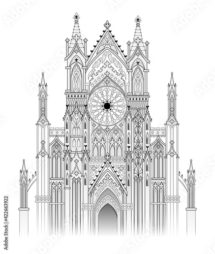Illustration of medieval Gothic cathedral with beautiful stained glass windows and rose. Middle ages in Western Europe. Print for travel company. Black and white digital drawing. Vector image.