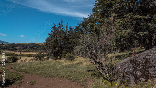 Día soleado en el campo con montes de fondo.