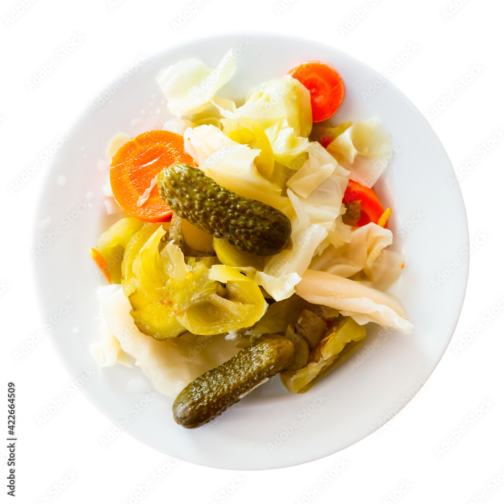 Turkish pickles made with cucumber, cabbage and carrots. Isolated over ...