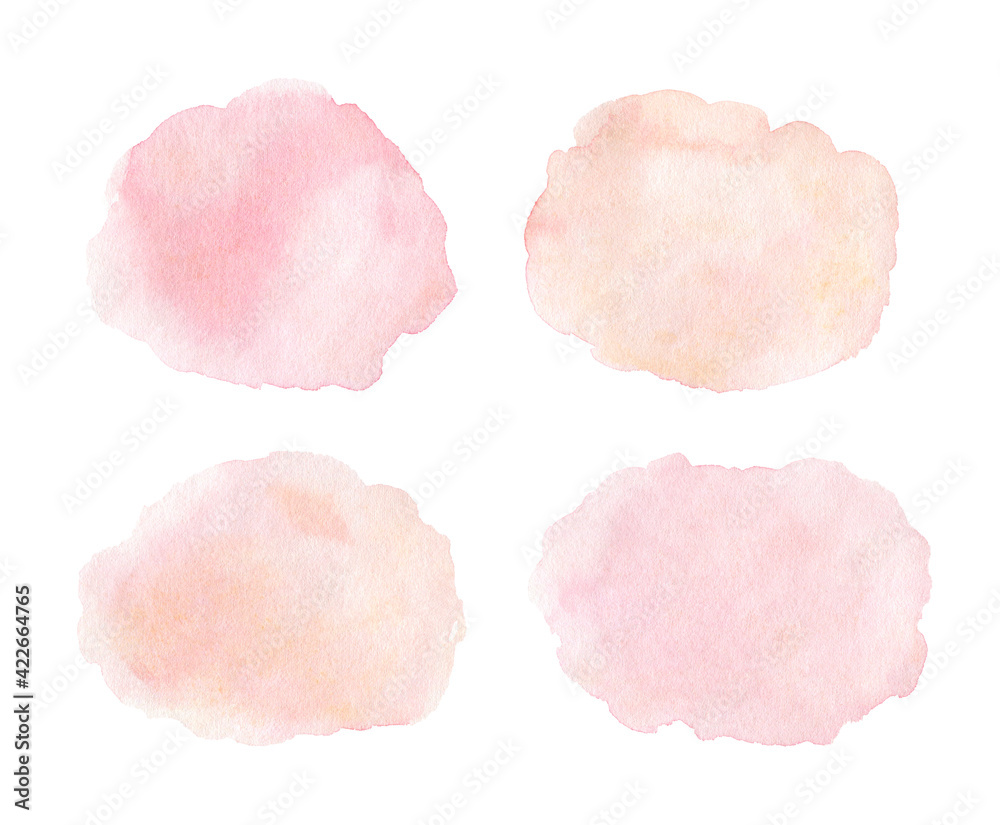 Set of watercolor stains in pastel shades. Muted pink and peach colors. Nude abstract spots isolated on white background. Perfect for the design of cards, covers, invitations, decorations.