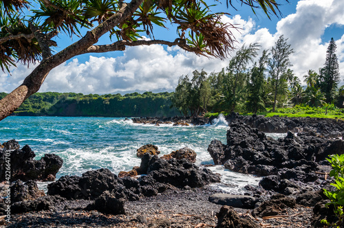 Black Sand Beach and Tropical Coastline along the Road to Hana, Maui, Hawaii