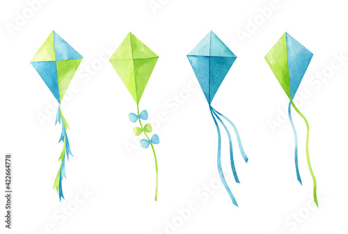 Watercolor set of kites with various designs in green and blue colors. Hand-drawn illustration isolated on white background. Perfect for prints, posters, covers, cards, decorations.