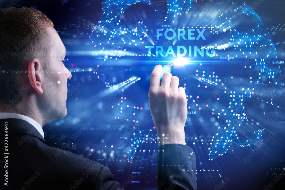 Business, Technology, Internet and network concept. Young businessman working on a virtual screen of the future and sees the inscription: Forex trading Business, Technology, Internet and network concept. Young businessman working on a virtual screen of the future and sees the inscription: Forex trading