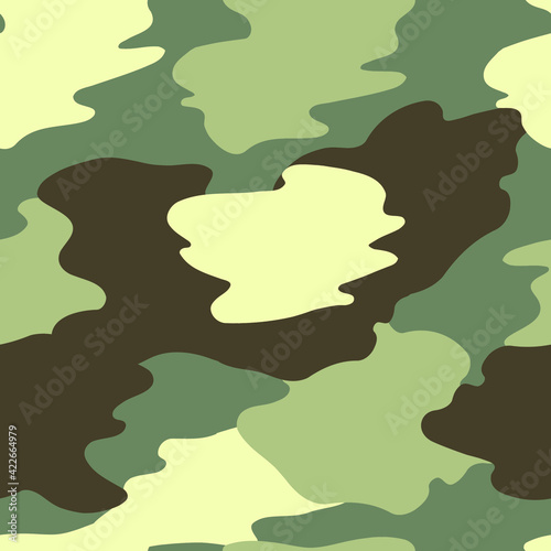 Camouflage in green khaki tones. Seamless pattern with large spots. Mosaic texture. For decor, textiles, fabrics, packaging, wrapping paper, wallpaper, design, banners, templates
