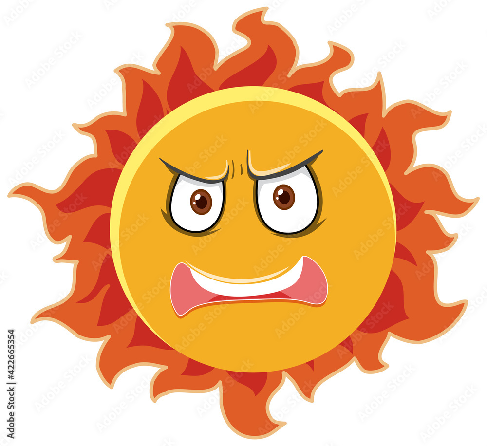 Sun cartoon character with angry face expression on white background
