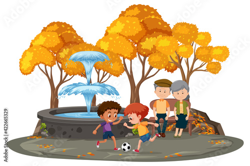 An old couple with their chidren in the park isolated