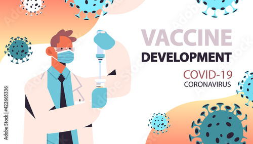 scientist developing coronavirus vaccine researcher holding syringe and bottle vial vaccine development