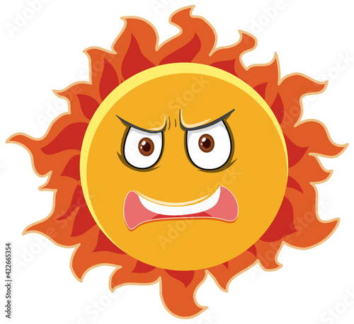 Sun cartoon character with angry face expression on white background