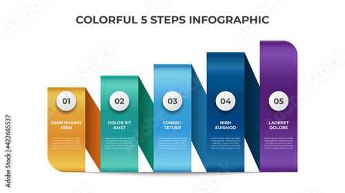 Colorful 5 points of steps with stair list layout design, infographic element template vector