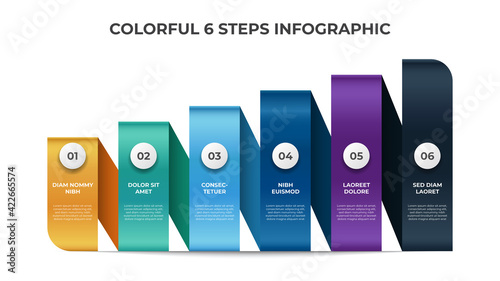 Colorful 6 points of steps with stair list layout design, infographic element template vector