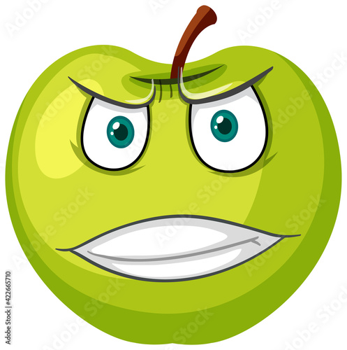 Green apple cartoon character with angry face expression on white background
