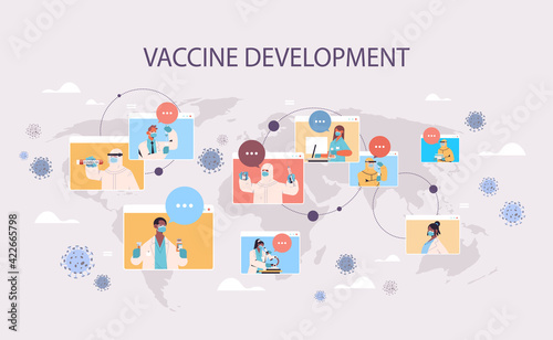 scientists in web browser windows developing vaccine to fight against coronavirus vaccine development