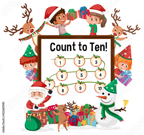 Count to ten number board with many kids in christmas theme