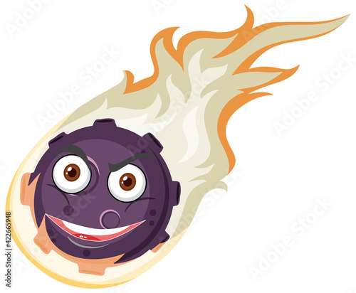Flame meteor cartoon character with angry face expression on white background