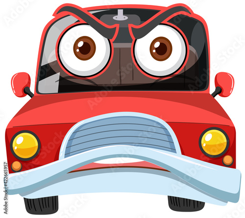 Red vintage car cartoon character with angry face expression on white background