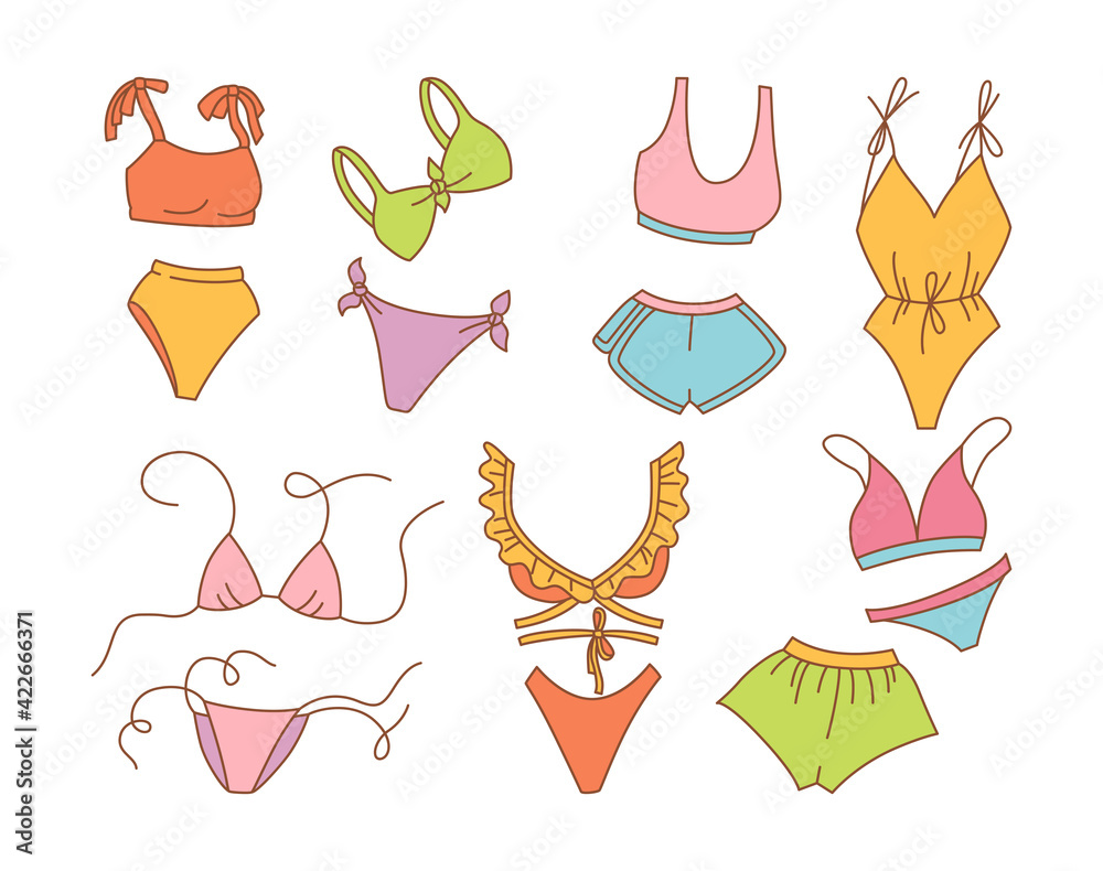 Lingerie or swimsuit summer doodle cartoon set. Hawaiian woman beach fashion swimwear clothes swimsuit. Tropical bikini monokini. Hand drawn underwear top, bottom. Isolated trendy vector illustration