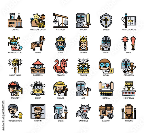 Set of Medieval thin line and pixel perfect icons for any web and app project.