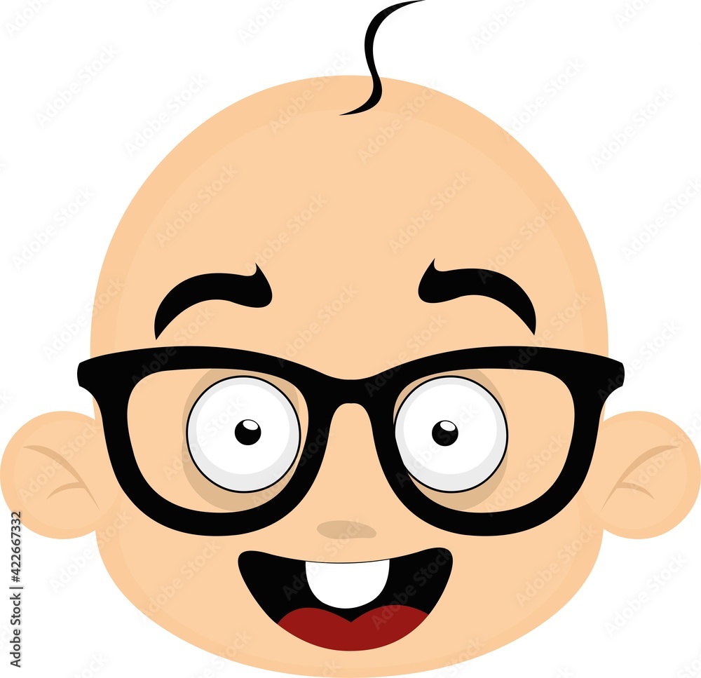 Vector emoticon illustration of the head of a cartoon baby with eyeglass and a happy expression Vector emoticon illustration of the head of a cartoon baby with eyeglass and a happy expression