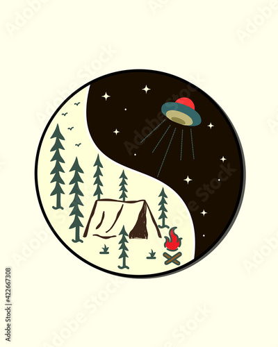 the camp attacked by UFO in yin yang concept , vector design, Tee design, T-Shirt Design