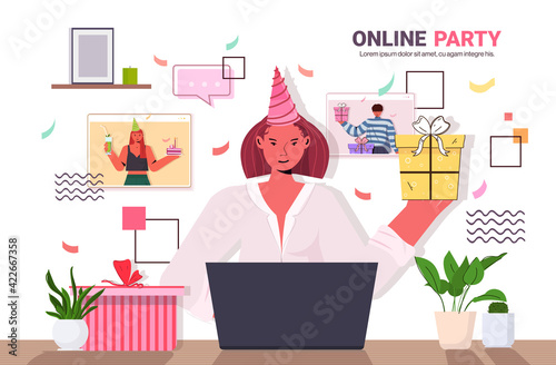 woman in festive hat celebrating online birthday party during video call with friends chat bubble communication