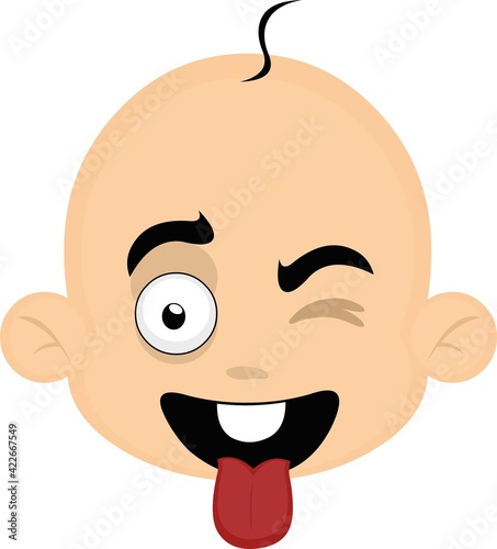 Vector emoticon illustration of a cartoon baby's head with a happy expression, tongue out and winking