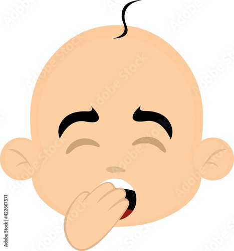 Vector emoticon illustration of a cartoon baby's head yawning and covering his mouth with his hand