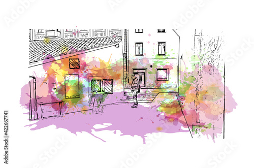 Building view with landmark of Regensburg is the city in southeast Germany. Watercolour splash with hand drawn sketch illustration in vector.