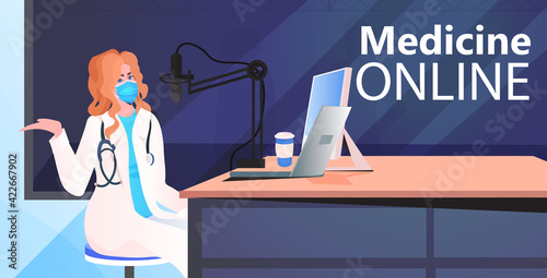 female doctor in mask giving online speech coronavirus pandemic fight against covid-19 concept