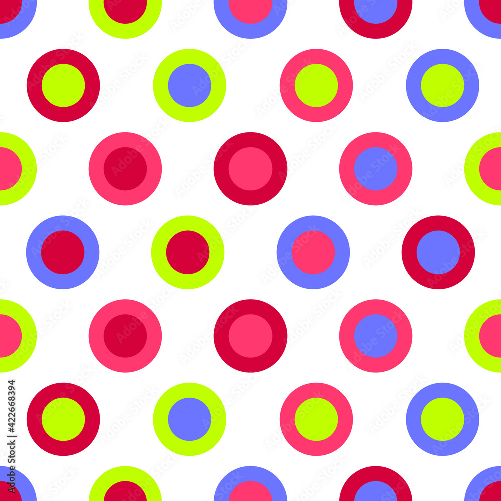 Seamless pattern with colorful circles and rings of different colors. Abstract geometric shapes texture. Minimalistic composition for textile, web design, cards, background. Vector illustration Seamless pattern with colorful circles and rings of different colors. Abstract geometric shapes texture. Minimalistic composition for textile, web design, cards, background. Vector illustration