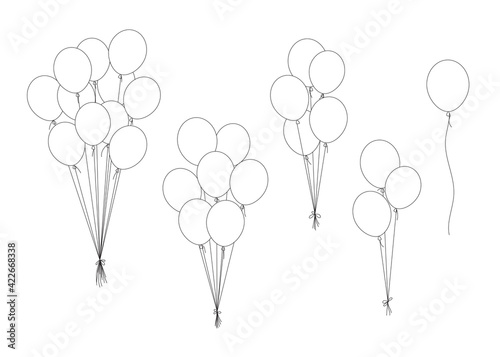 Group of balloons on a string. Vector set of different sketches balloons.