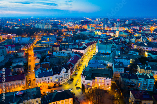 Picturesque aerial view of Polish city of Rzeszow at dusk in spring
