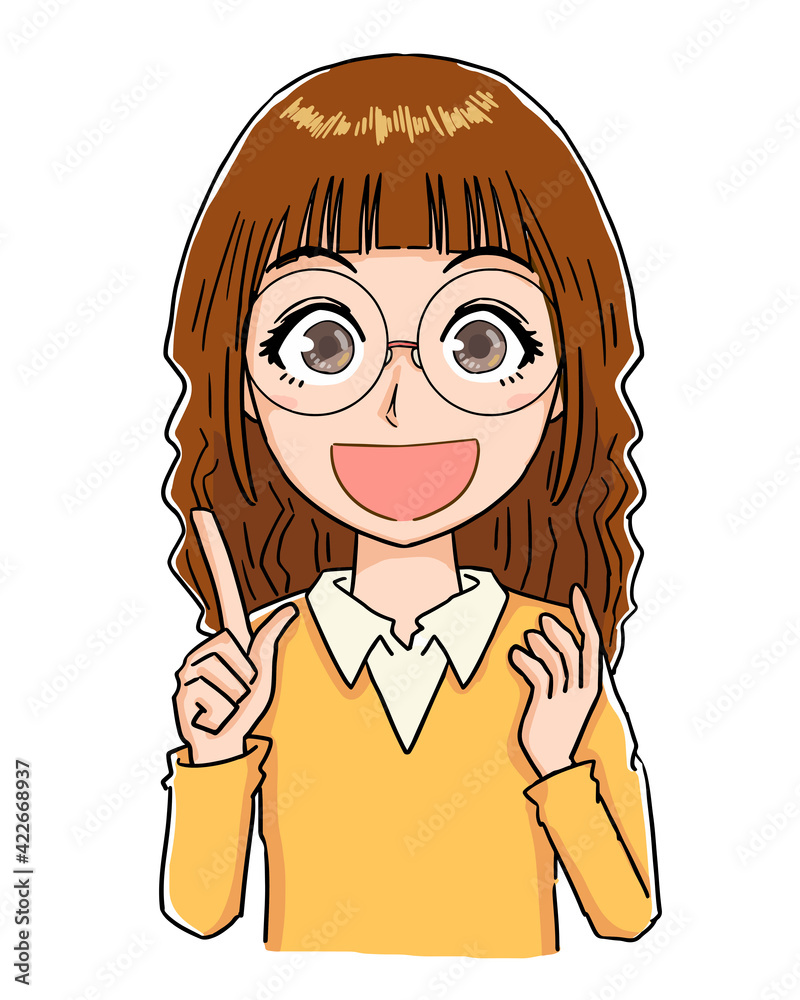 人差し指を上げて説明する笑顔の女性