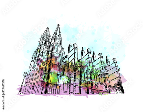 Building view with landmark of Palma is the 
city in Spain. Watercolour splash with hand drawn sketch illustration in vector.