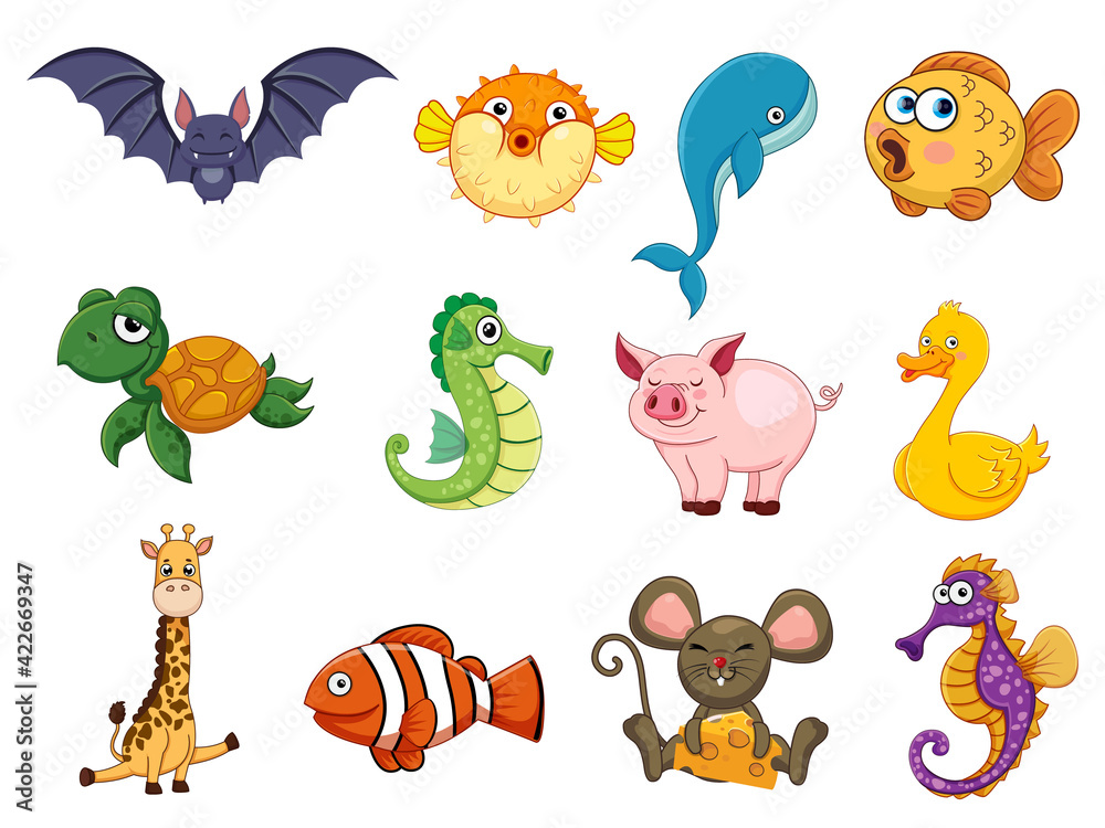 Fototapeta premium Cute animals collection animal character. Isolates in cartoon flat style white background. Vector illustration design template